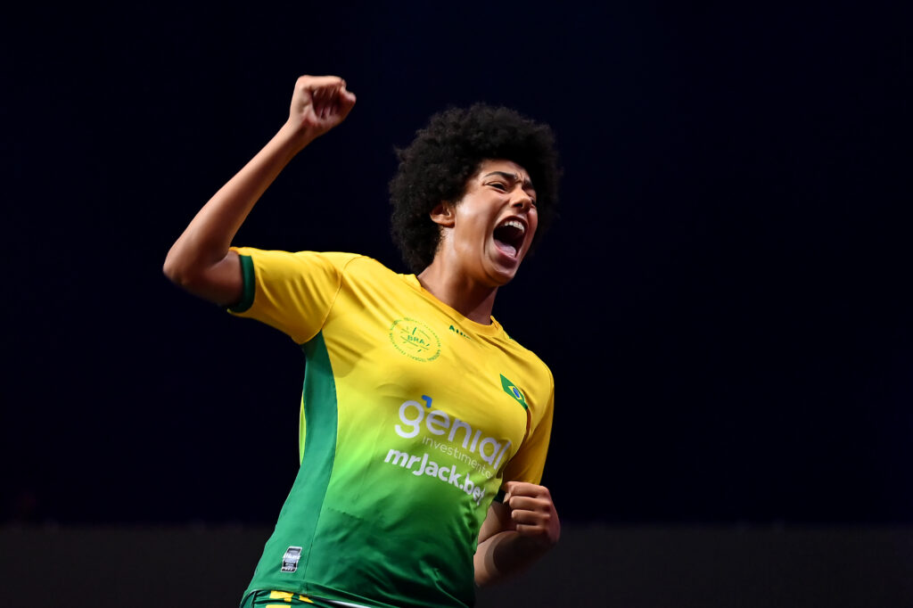 Ester Viana Mendes of Brazil watches the Women's Doubles Semifinal match at the 2023 Teqball World Championship in Bangkok, Thailand.